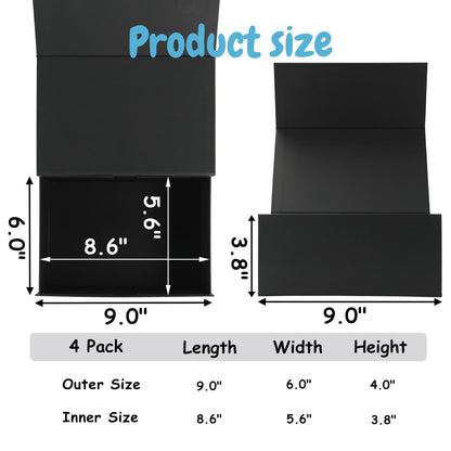 Schliersee 4Packs 9x6x4 Gift Box with Magnetic Lid for Present, Black Gifts Wrap Box for Mother's Day, Birthday, Wedding, Groomsmen Bridesmaid