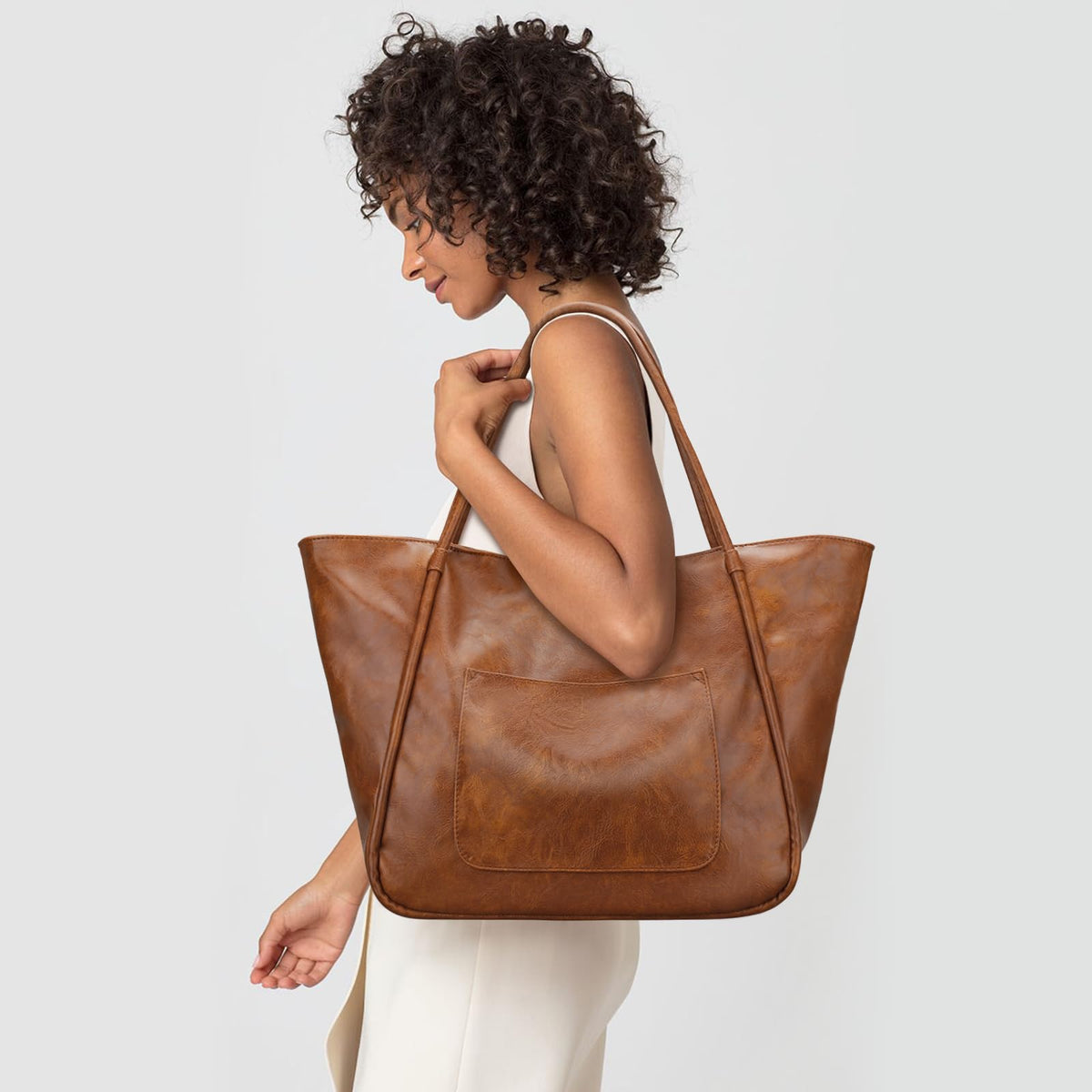 KKXIU Large Tote Bag for Women with Zipper Work Leather Travel Purse and Handbags - Dark Brown