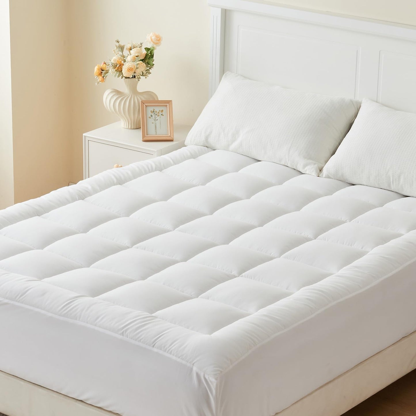 bedsmile Mattress Pad Queen Size Topper, Breathable Pillow Top with 8-21" Deep Pocket, Quilted Fitted Mattress Protector, Soft, Washable, Full White