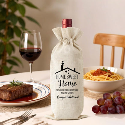 WHTYEFZ Home Sweet New Home New Adventure New Memories Canvas Wine Bag, Housewarming Theme Reusable Tote Gifts for New Homeowner, Housewarming New Beginning Gifts for Sister Friend Neighbor Wine Lover
