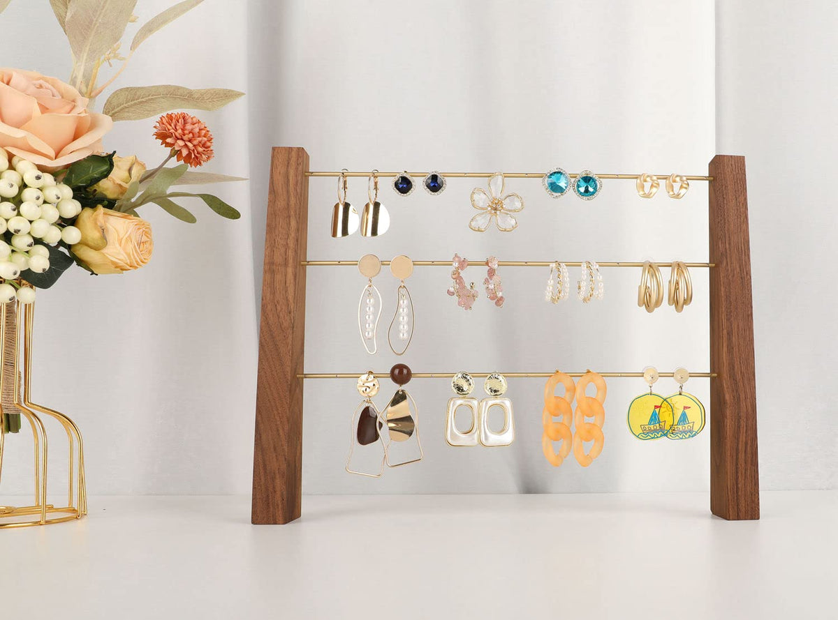 GemeShou 3 Tiers Walnut Earring display stands for selling, Wooden Jewelry Shelf, Earring Storage Organizer, Brass earring holders with 42 holes for stud Dangle Hoop【Walnut 3-Tier Height 9.45"】