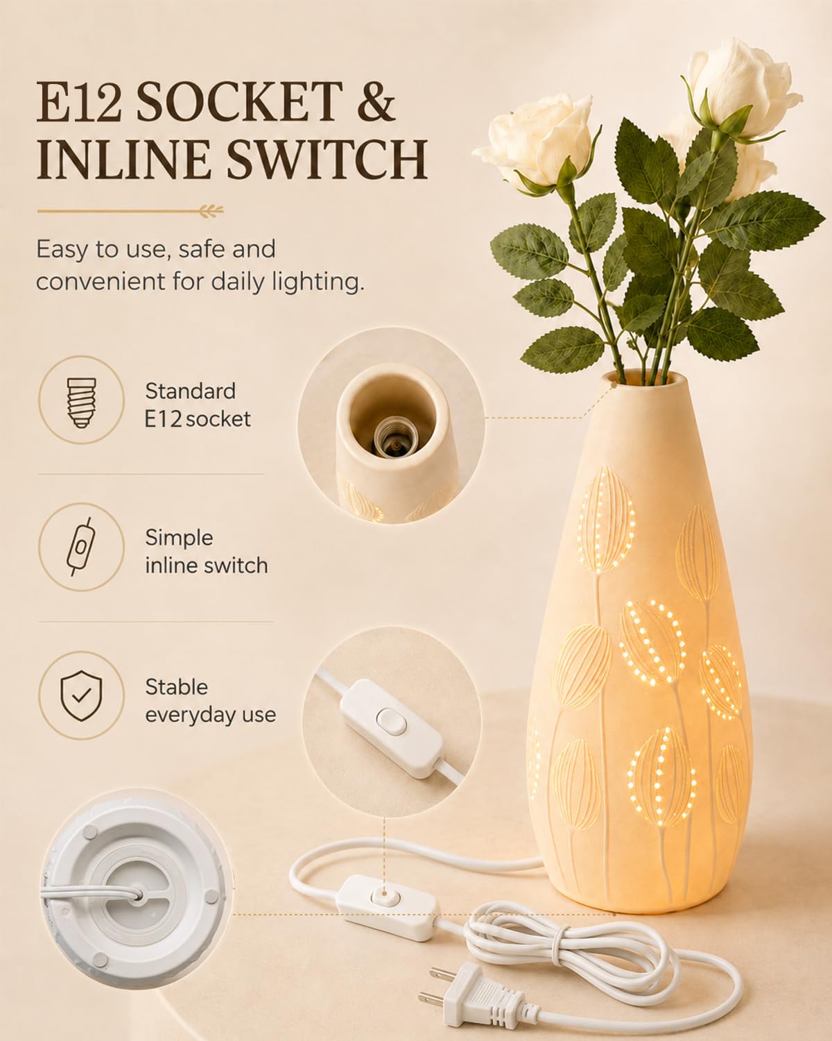TACAHE Ceramic Vase Table Lamp, 2700K Bulb & 3 Artificial Flowers Included, E12 Socket, Inline Switch, Handmade Openwork Craft, Ambient Light for Living Room Bedroom - Tulip 11"