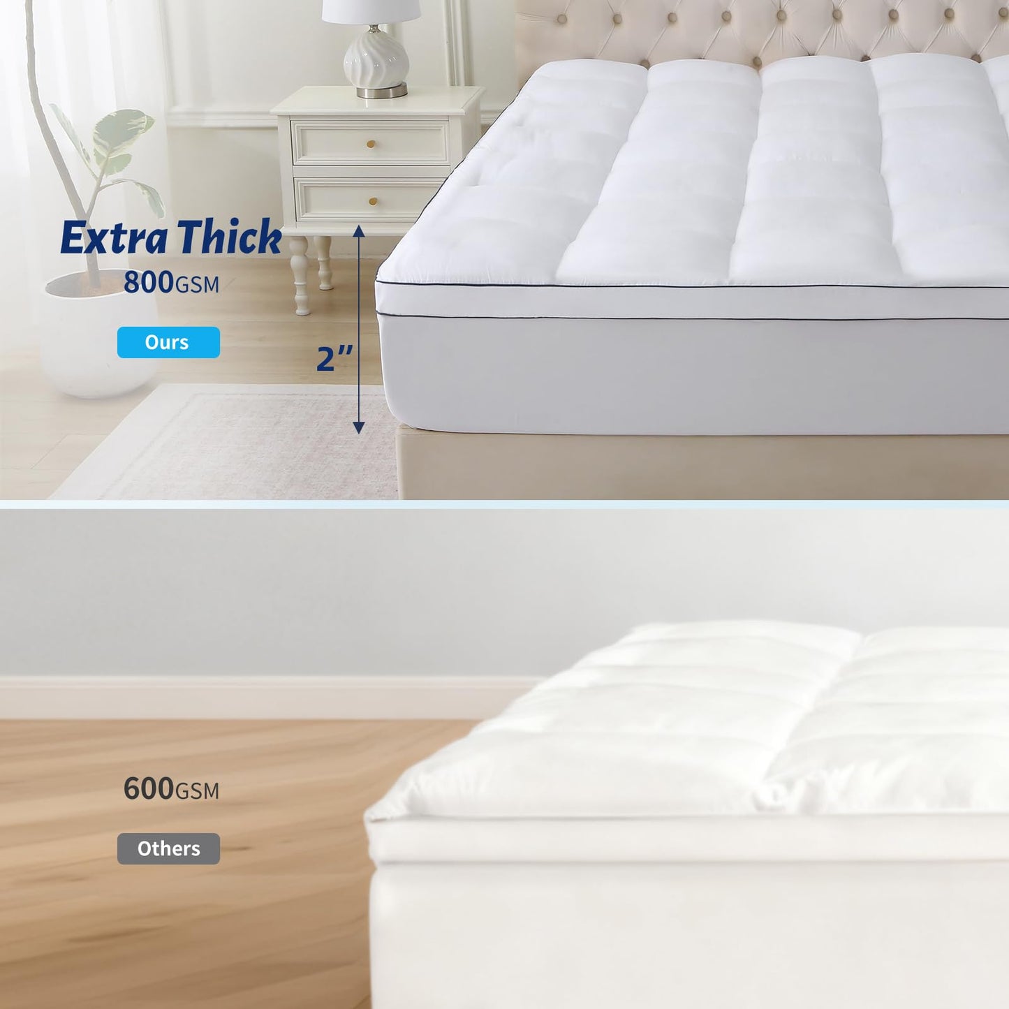 Thick Mattress Topper Queen with Deep Pocket, Extra Pillow Top Mattress Pad, Breathable & Cooling Mattress Cover, Fits 8-21 Inch, Soft Support for Back Pain Relief, Mattress Protector (Queen, White)