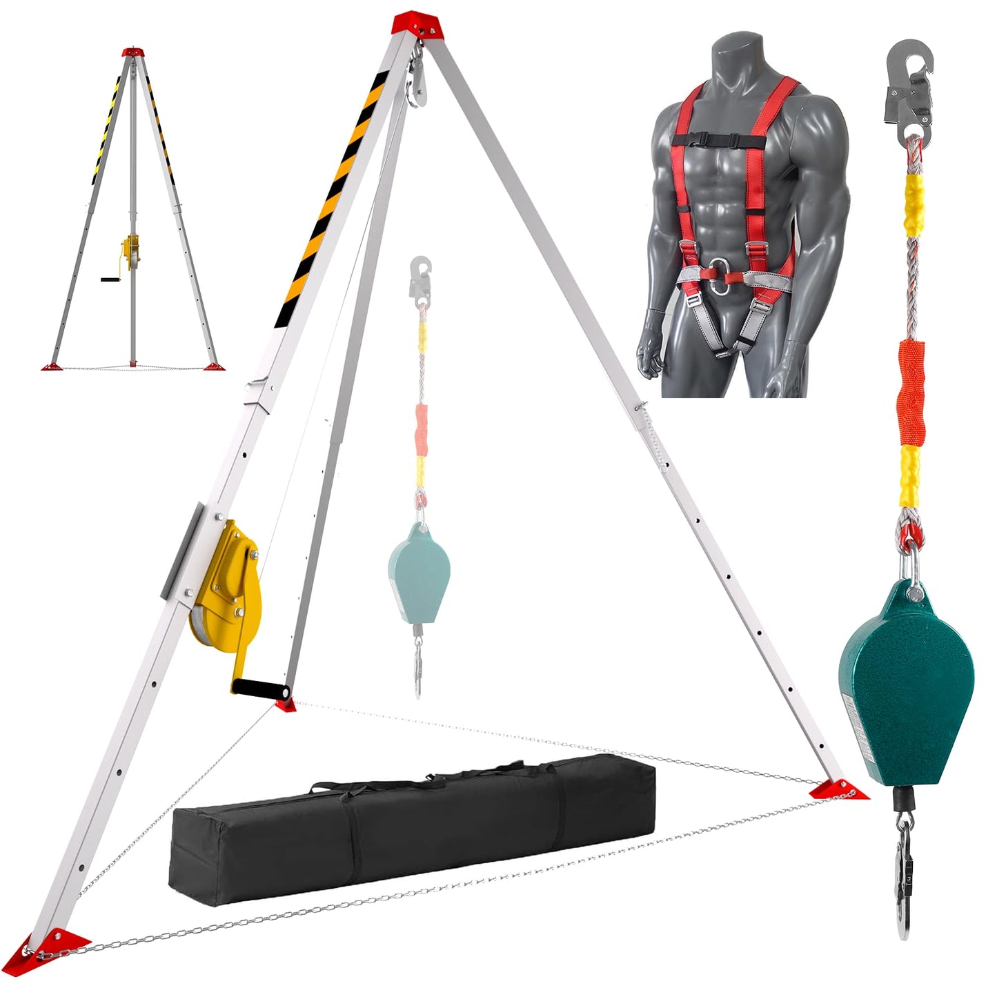 Confined Space Tripod Kit, 3000 Lbs Winch, Steel Confined Space Rescue Tripod with Adjustable 7' Legs & 98' Cable, 33' Fall Protection/Harness/8' Protection Chain, Safety Self-Locking Device