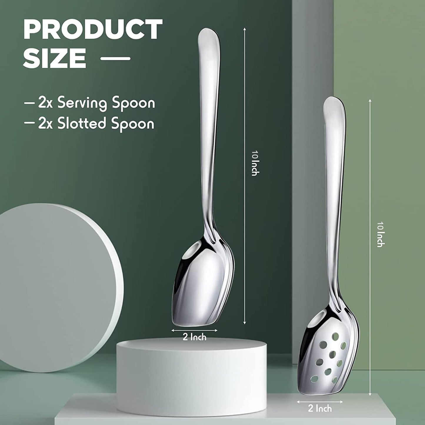 4 Pack Large Serving Spoons Flat Bottom Cooking Slotted Spoon Stainless Steel for Cooking Kitchen Parties Buffet Utensils Dishwasher Safe,2 Styles 10 Inch Silvery