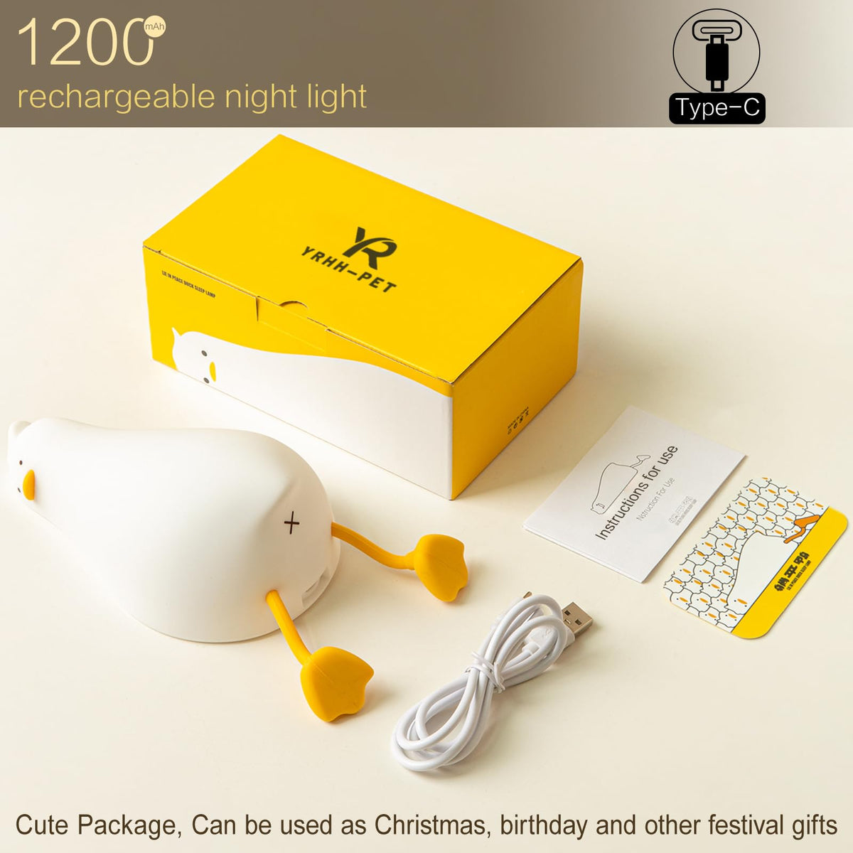 YR YRHH-PET Existential Crisis Duck Lamp, Squishy Kids Cute Lying Flat Duck Night Light, Rechargeable Ducky Lay Touch Lamp, College White Elephant Gifts, Mom Mothers Day Gift, Fun Decor, Safe Silicone