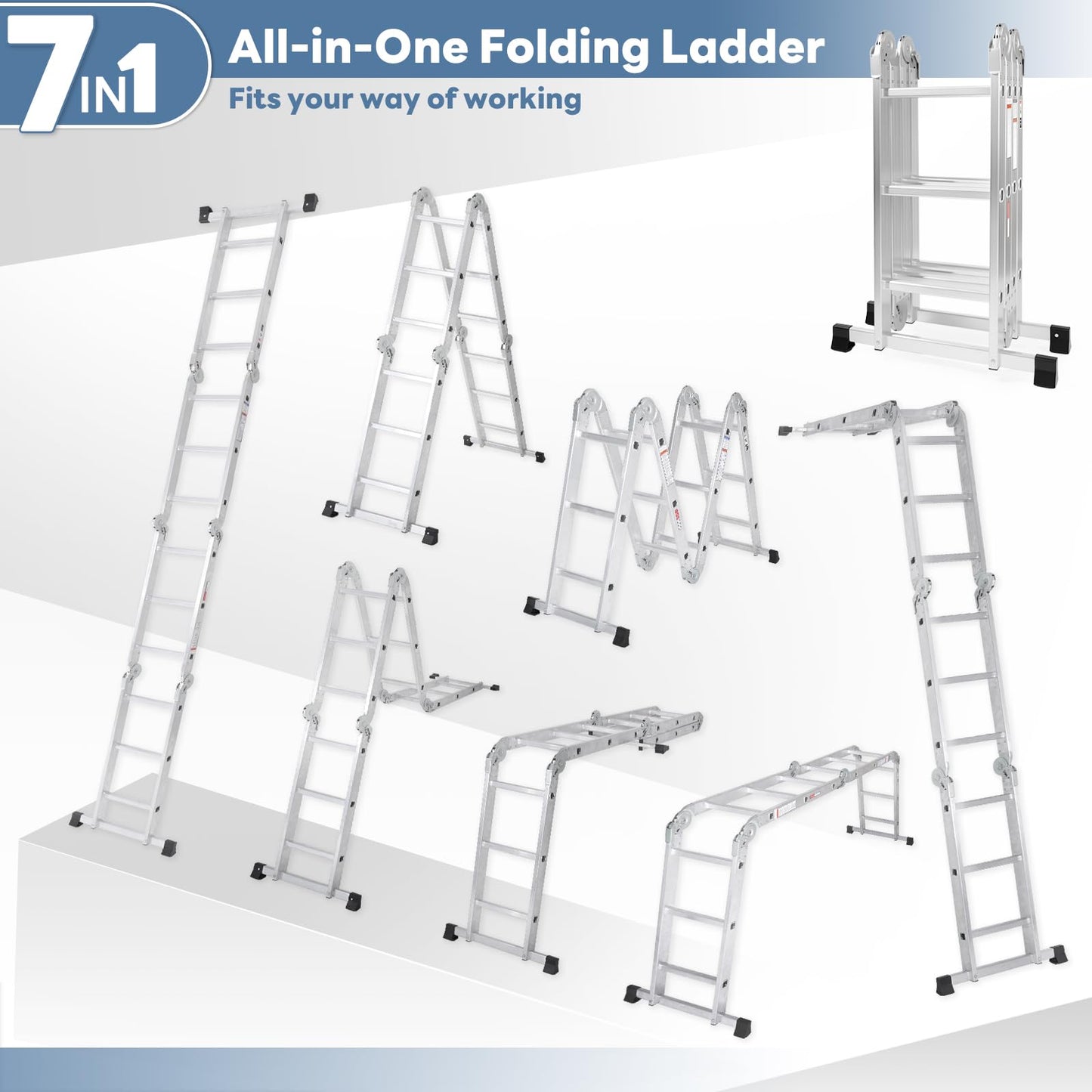 DUMOS Multi-Purpose Folding Ladder, 7 in 1 Aluminium Heavy Duty Collapsible Tall Extension Adjustable Step Ladder for Home Roof RV Work Painting Garage & Outdoor Use