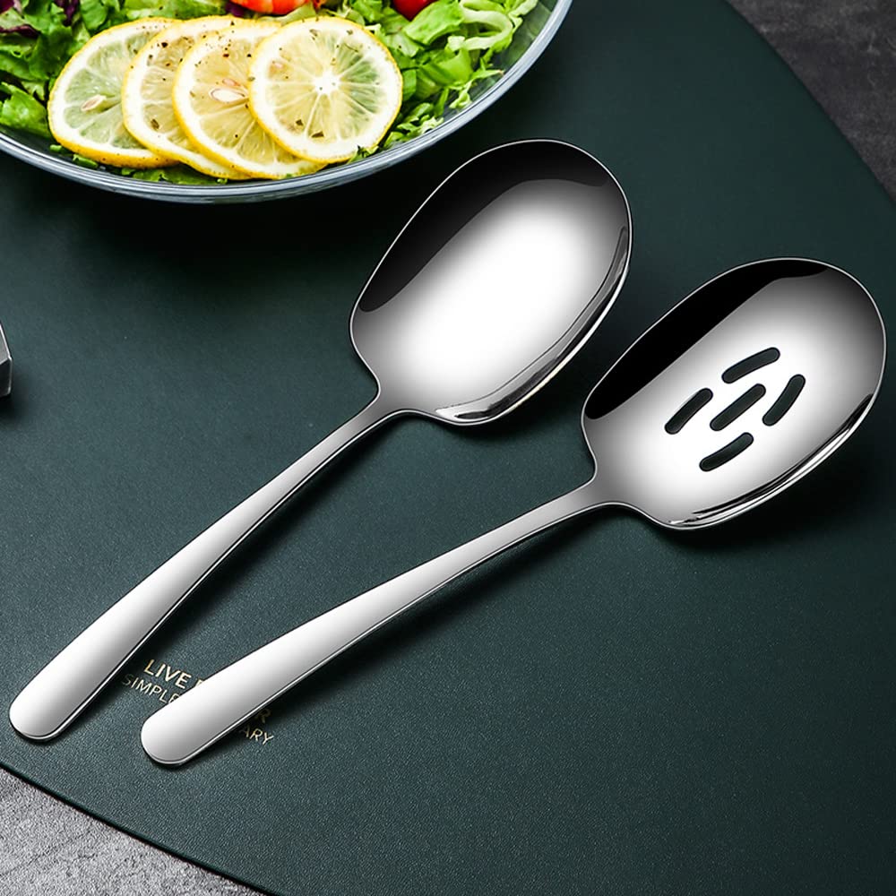 SIAIQIANG Extra Large Serving Spoons Set,18/8 Stainless Steel Slotted Spoon and Serving Spoon,9.8 Inch Buffet Spoons Set,Tabletop Flatware Utensil (2pack)