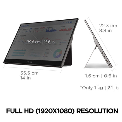 ViewSonic VA1653 16 Inch 1080p FHD IPS Portable Monitor with Eye Care, Built-in Stand, USB C, Mini HDMI, and Protective Case External Second Screen for Laptops, PC, Mac, and Gaming Consoles