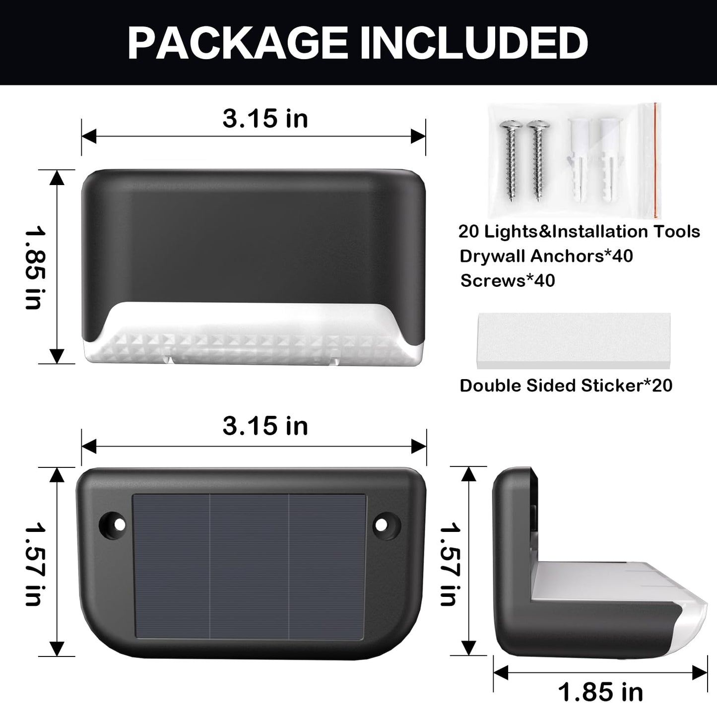 BKBB PPBB Solar Deck Lights Outdoor, 20 Pcs Solar Step Lights, Waterproof LED Solar Lights for Outdoor Stairs, Step, Fence, Yard, Patio, Railing, Garden and Pathway