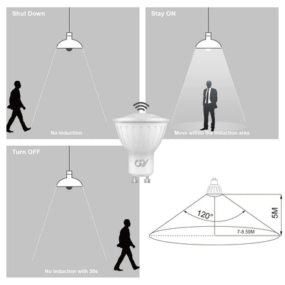 GY GU10 LED Light Sensor Lamp 6500K Cool White Bulbs, 5W 380lm Replaces 40W Bulb, Automatic On/Off, Beam Angle 120°, Not Dimmable, 2 PCS