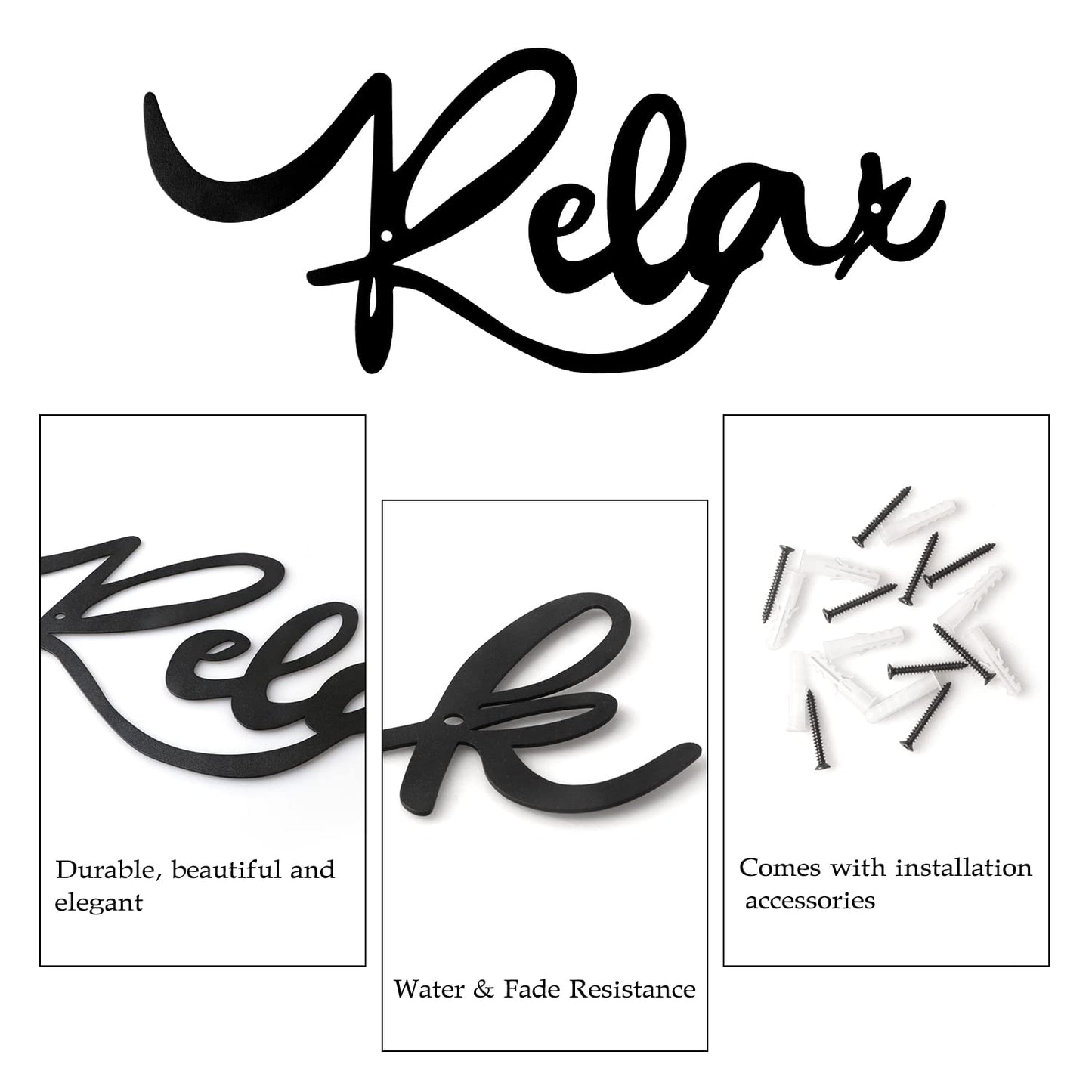 Larber 4 Pieces Bathroom Wall Decors Metal Relax Soak Unwind Breathe Wall Art Metal Bathroom Sign Hanging Black Bathroom Decor for Living Room Laundry Bathroom Spa Washroom Decorations, Black