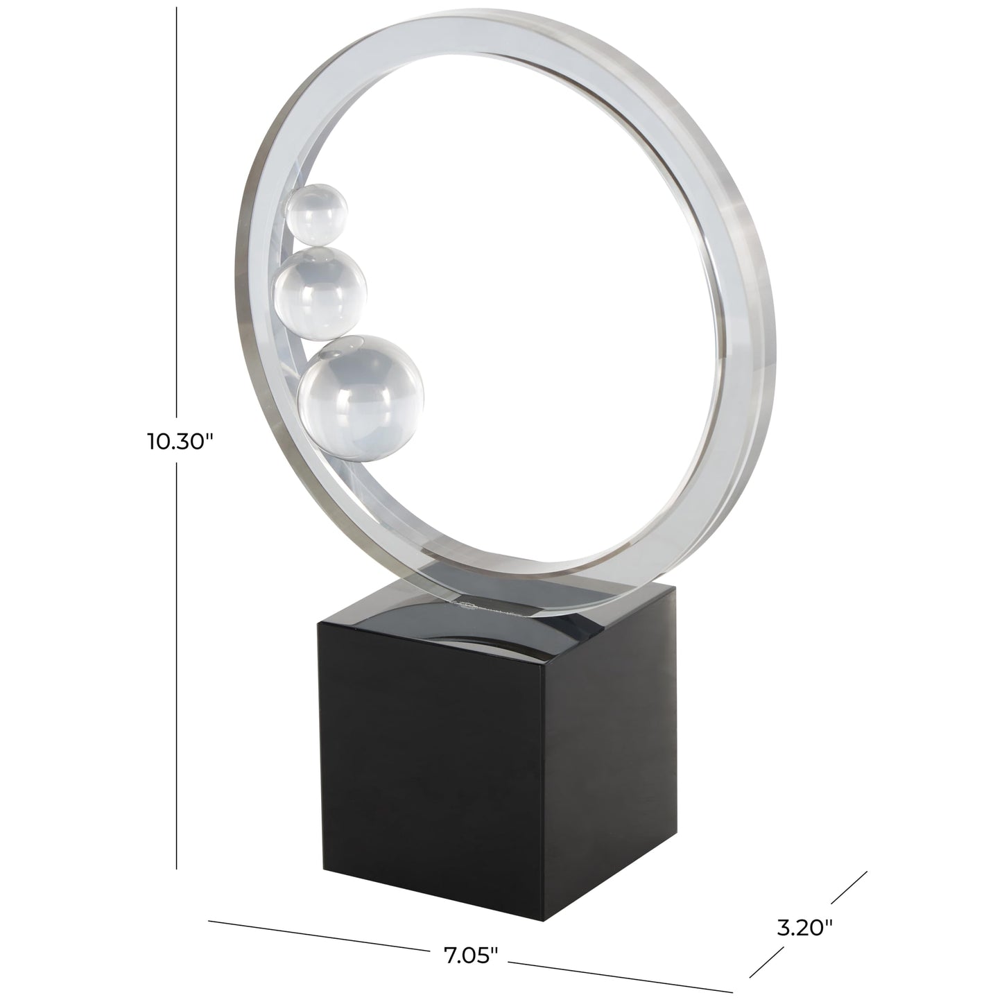 Deco 79 Glass Abstract Decorative Sculpture Ring Home Decor Statue with Clear Orbs and Black Square Base, Accent Figurine 7" x 3" x 10", Clear