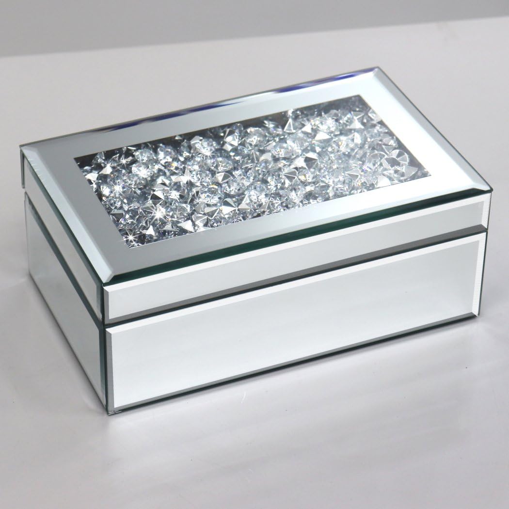 Luxury Silver Crushed Diamond Glass Mirrored Jewelry Organizer Box Storage