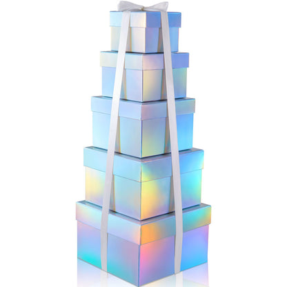 Fulmoon 5 Pack Holographic Silver Square Nesting Gift Boxes with Lids Set Assorted Sizes 8in 7in 6in 5in 4in with Ribbon for Wedding Graduation Birthday Presents Keepsake