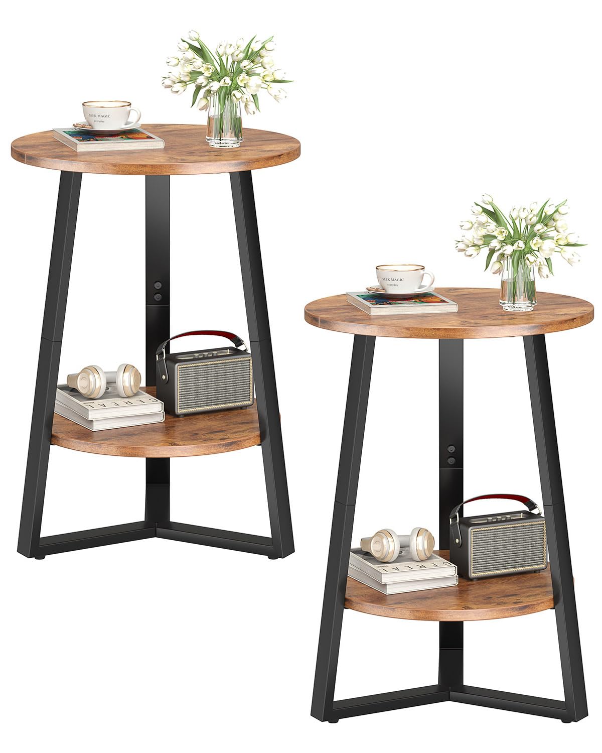 sthmec Small Round End Table Set of 2,2 Tier Side Table Set 2 with Storage Shlef,Coffee Table Wooden Tabletop & Metal Frame,Accent Table Small Nightstands Couch Tables Livingroom Bedroom,Rustic Brown