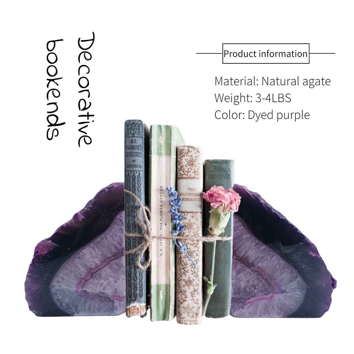 Geode Bookends 3-4 lbs Decorative Heavy Crystal Stone Book Ends for Shelves Dyed Purple 1 Pair