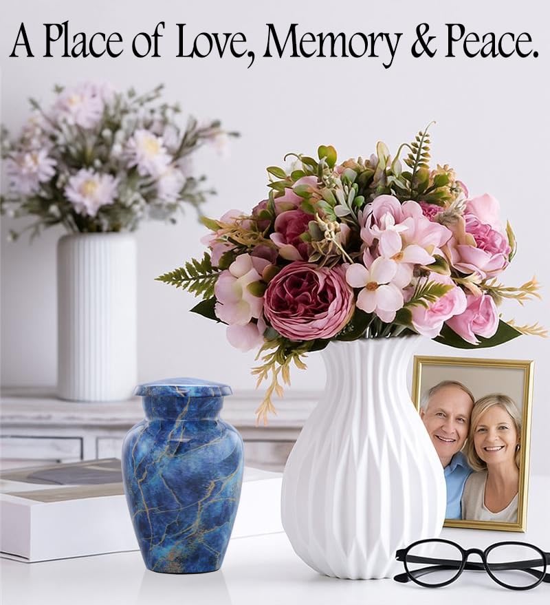 Marble Finish Metal Mini Keepsake Urn for Human or Pet Ashes - Token Sharing Memorial Urn with Velvet Bag (Exotic Blue)