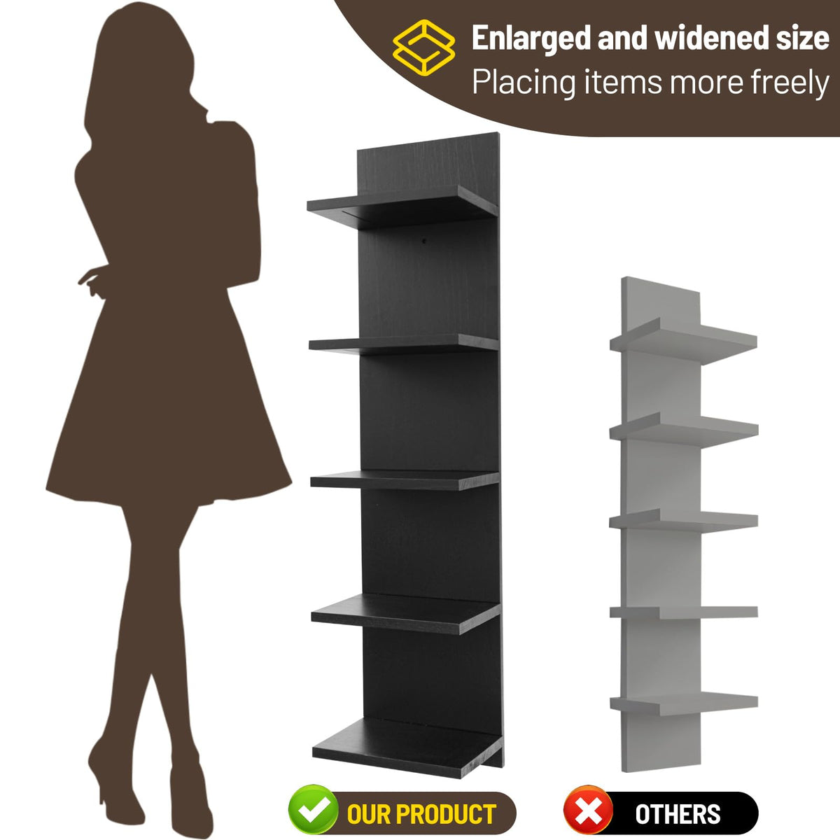 NIUBEST Wooden 5 Tier Wall Shelf,Vertical Column Floating Storage Home Decor Organizer,Floating Shelf Wall Decor Shelves for Bedroom, Living Room,Vanity(Black)