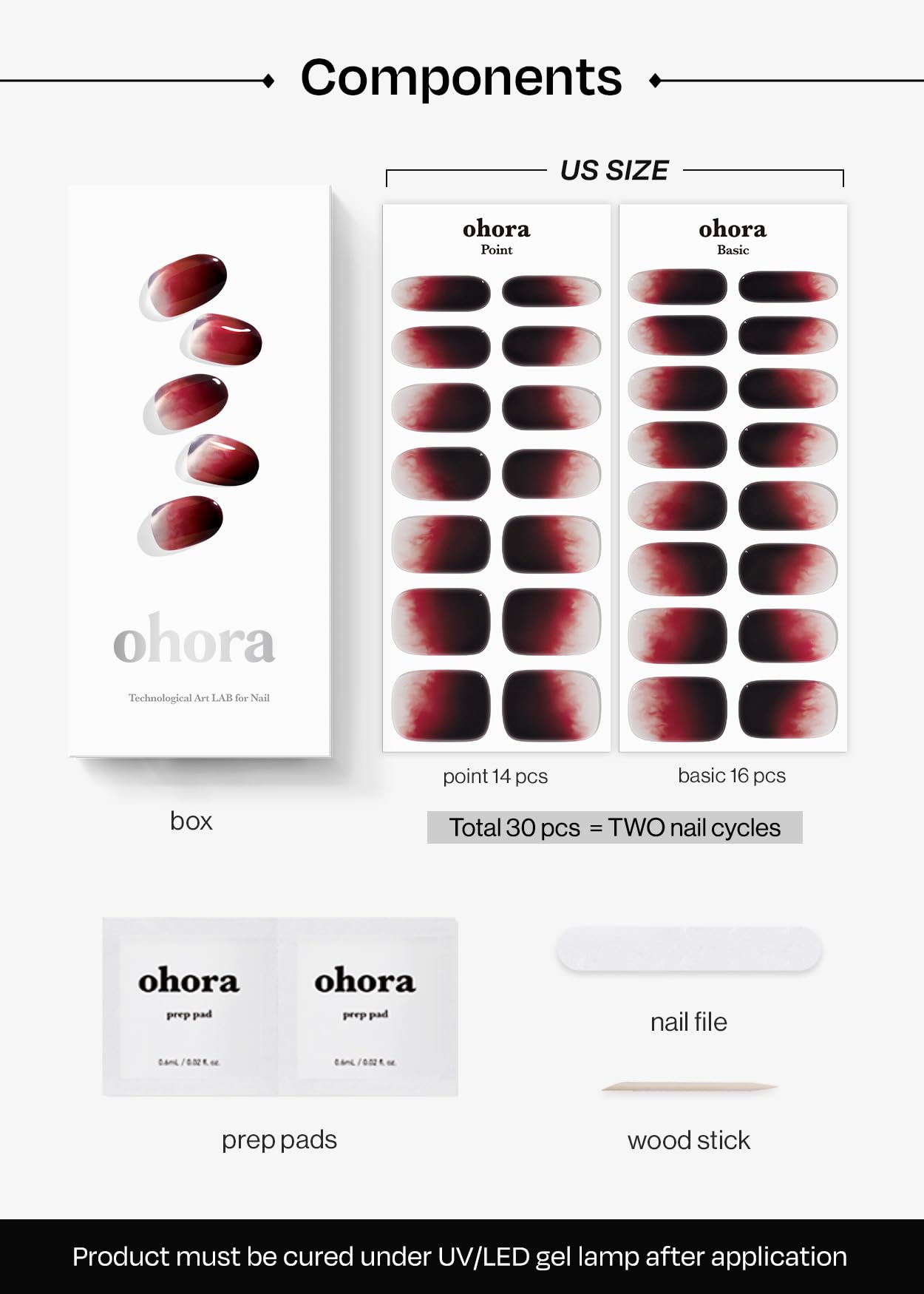 ohora Semi Cured Gel Nail Strips (N Blood Drop) - Red, Ombre, Works with Any UV/LED Lamps, Salon-Quality, Long Lasting, Easy to Apply & Remove - Includes 2 Prep Pads, Nail File & Wooden Stick