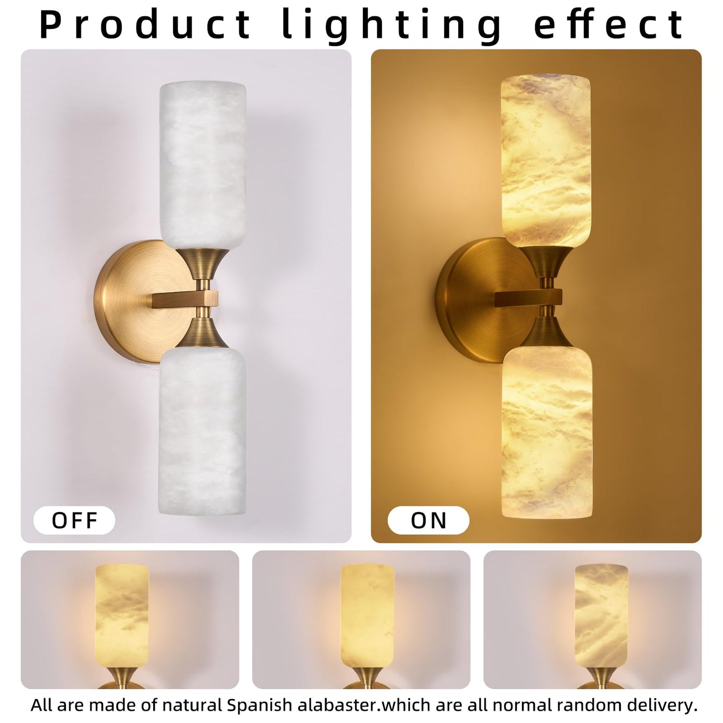 Stbri Alabaster Sconces Set of 2,15.3in Modern Natural Marble Vanity Light, Hardwired Brass Gold Wall Sconces Lighting for Living Room,Bedroom,Indoor Sconces for Bathroom Mirror,Hallway