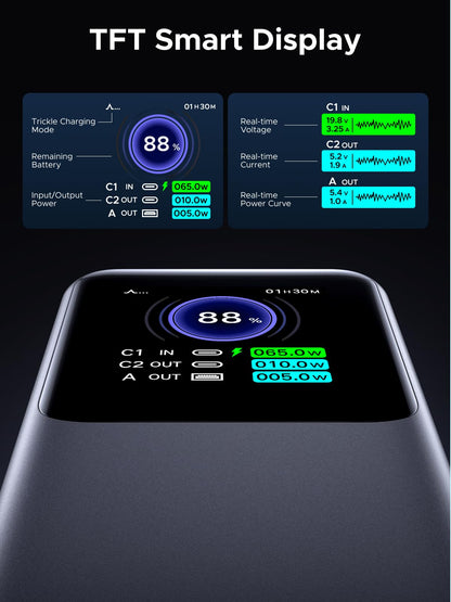 UGREEN Nexode Power Bank 20000mAh 130W Portable Charger 72Wh PD Fast Charging 3-Port USB C Battery Pack with TFT Smart Display for MacBook/iPad/iPhone 17/16/Samsung S24 and More