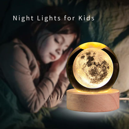 3D Moon Crystal Ball with LED Stand, Moon Figurine Decor Glass Sphere Lamp, Space Planet Globe Night Light Gifts for Women Men Mom Kids