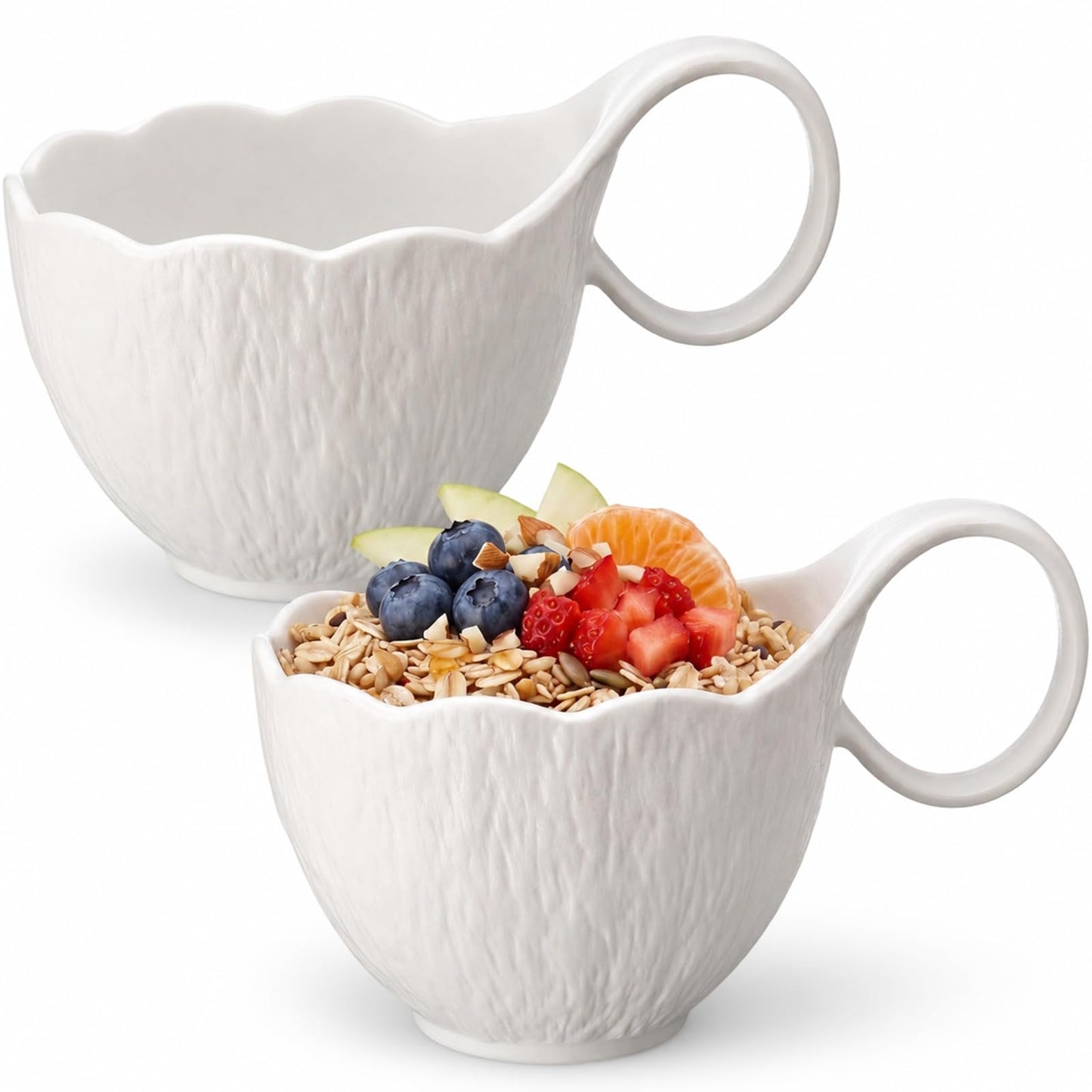 Ferrochef 2 Pack 16.9oz Soup Bowls with Loop Handle, White Stone Texture Ceramic Microwave and Dishwasher Safe Bowls, Matte Frosted Mug for Hot Soups, Chilled Desserts, Oatmeal, Yogurt, Coffee, Milk