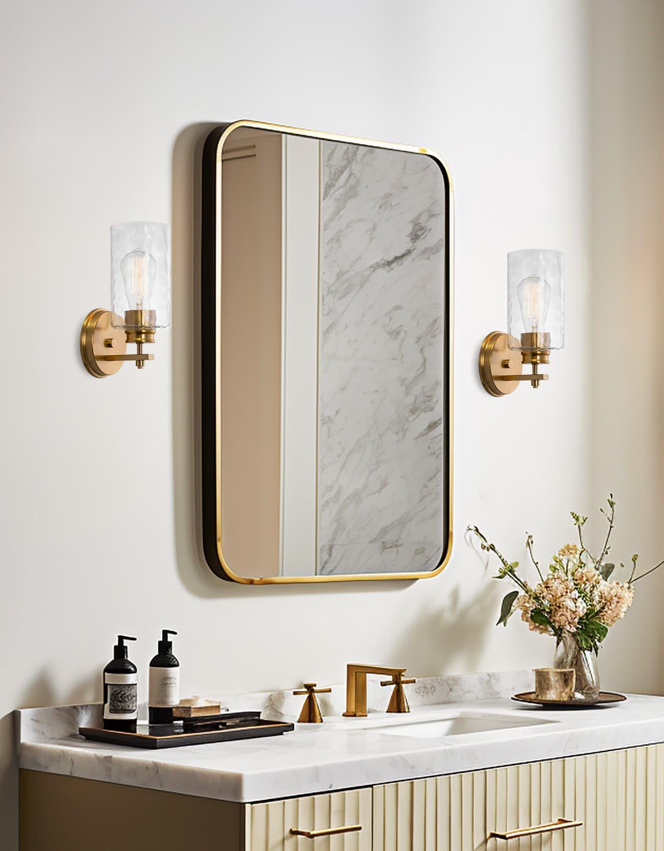 Kira Home Phoebe 10" Modern Gold Wall Sconce with Hammered Glass Shade, Gold Wall Light with Water Glass Cylinder Shade, Cool Brass Finish