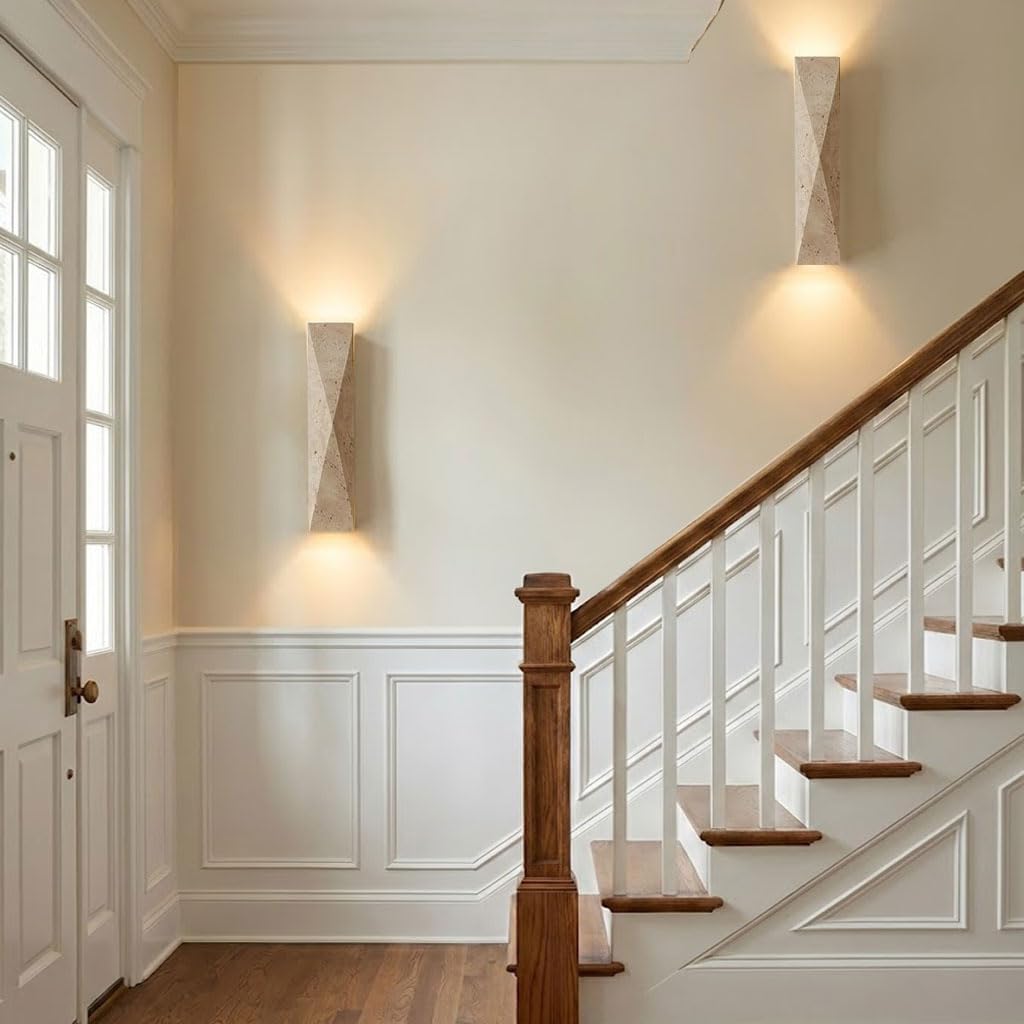 PLSDH Modern Travertine Wall Sconce, 15.7" Natural Yellow Stone Wall Lamp, Geometric Wall Light, 2-Light G9, Up Down Sconce for Living Room Bedroom Hallway Entryway