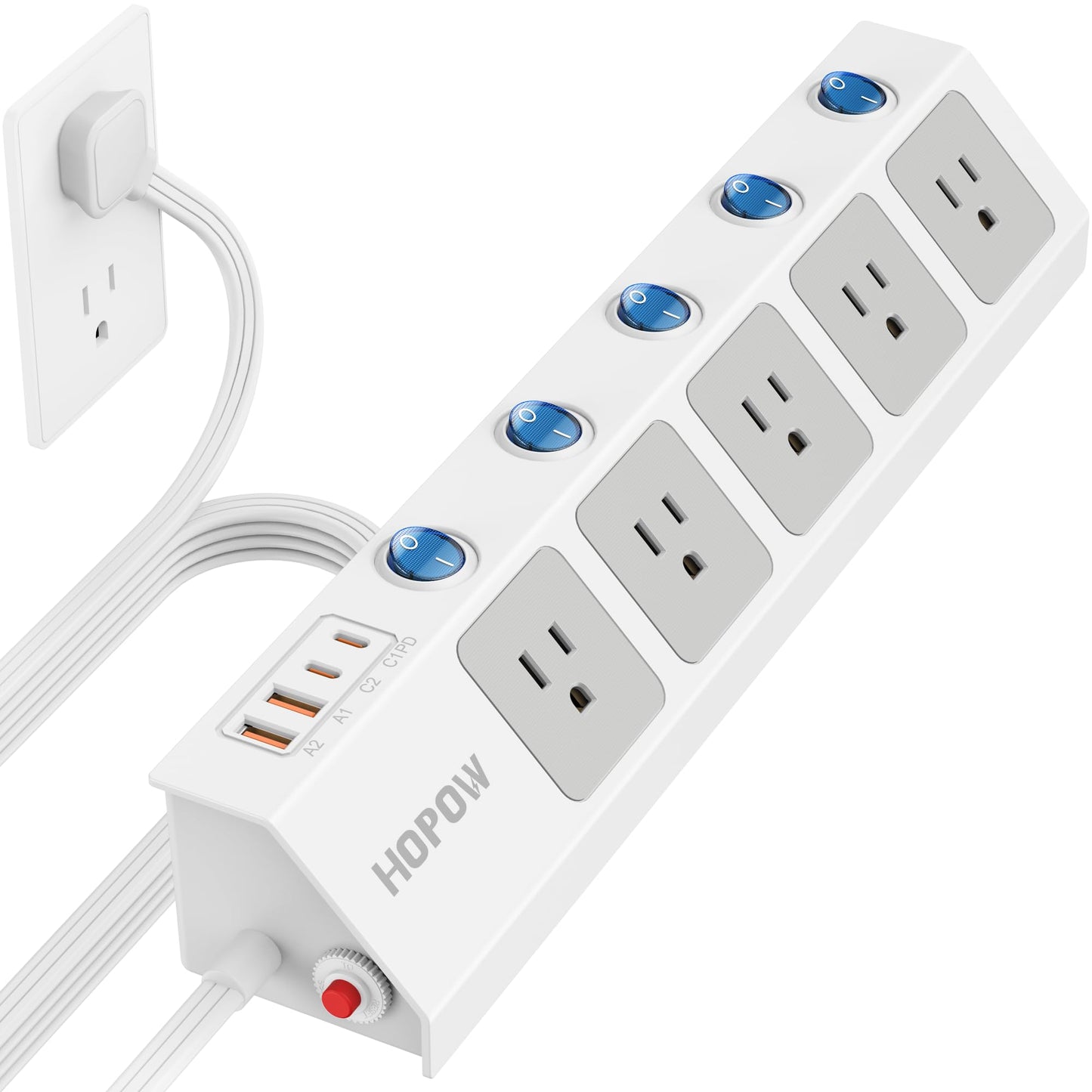 Flat Plug Power Strip with Individual Switches, 10 Ft Ultra Thin Flat Extension Cord, 5-Outlet Surge Protector with 2 USB-C (20W PD) & 2 USB-A, 1700 Joules, Wall Mount for Home Office, Black