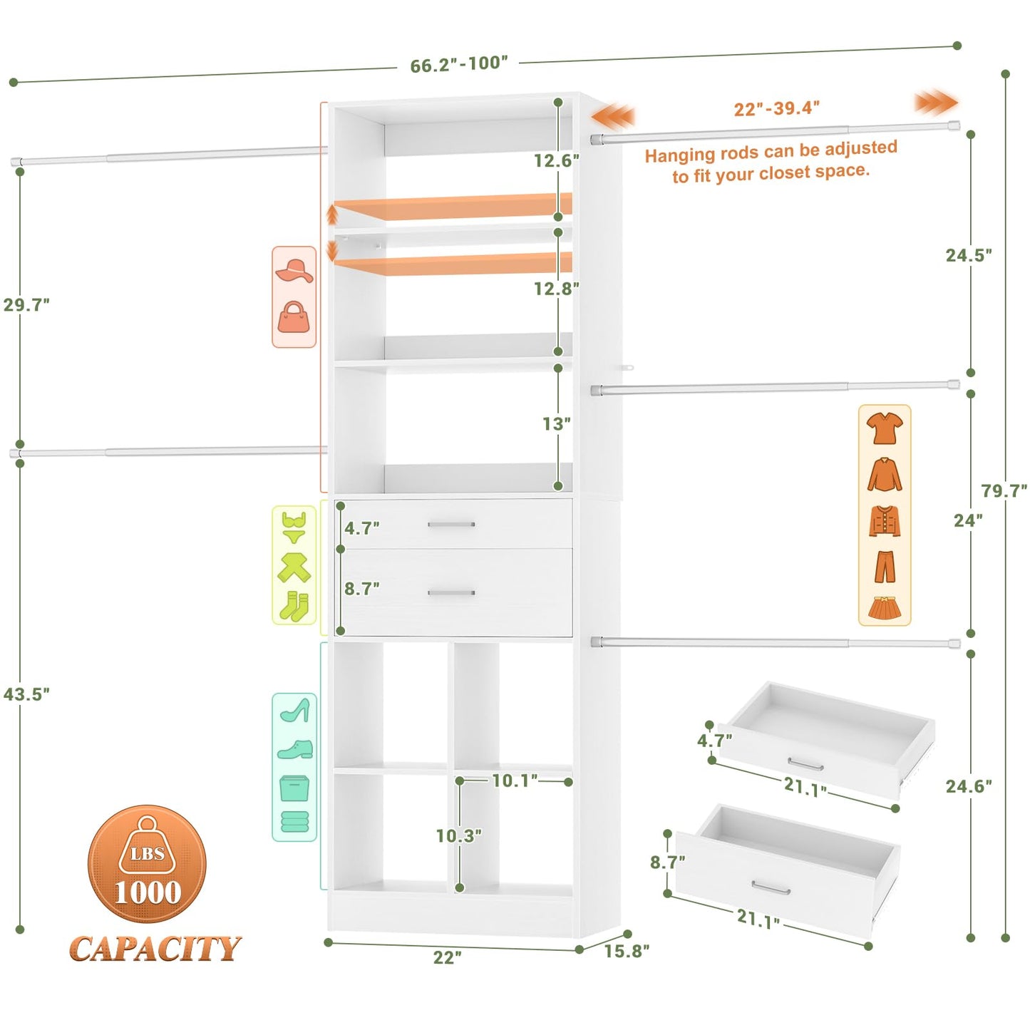 Besiost Closet System, 4-8 FT Closet Organizer Tower with 2 Wooden Drawers and Shelves, Can Fit 60 to 96 inch Walk-in Closet System with 5 Hanging Rods, Built-in, White