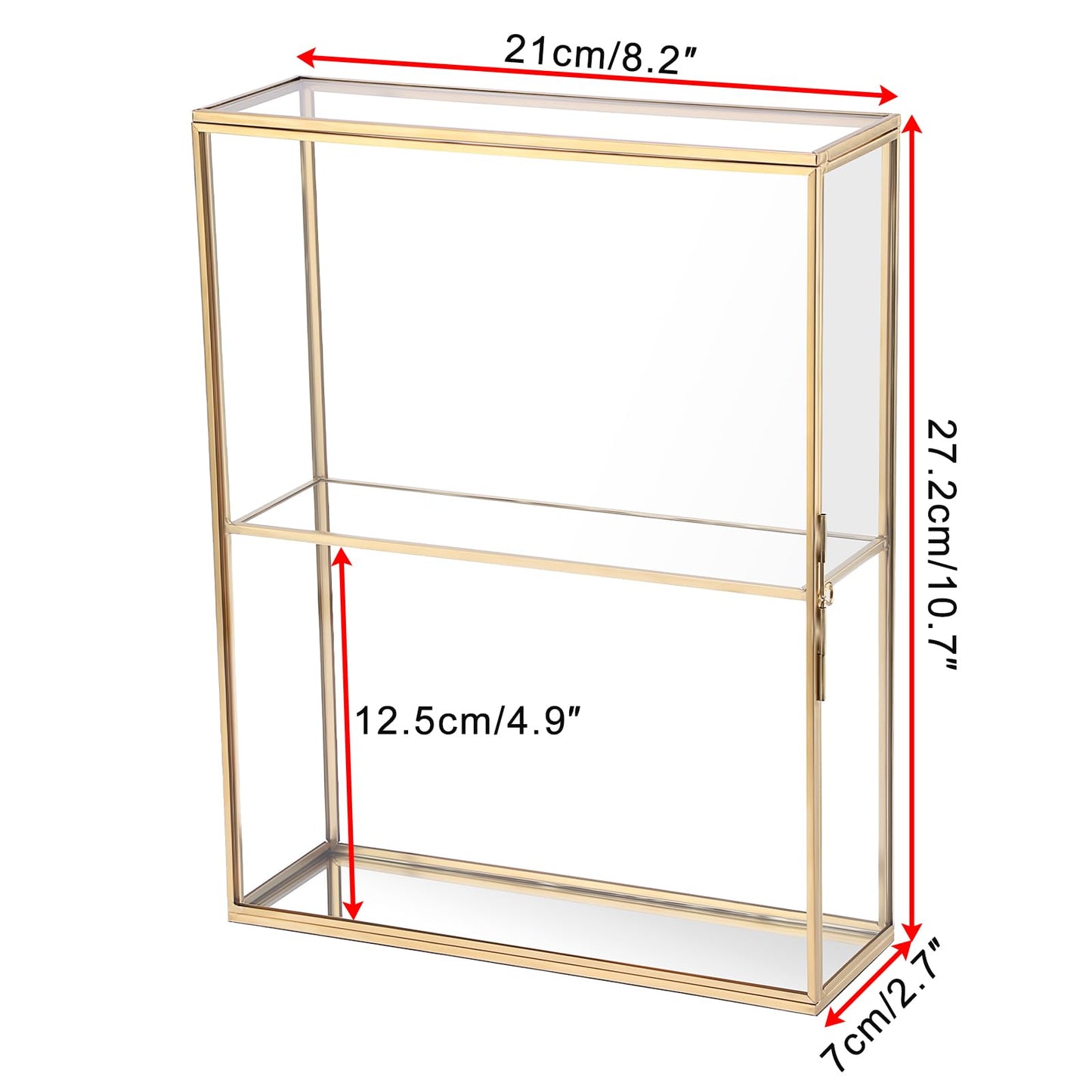JUXYES 2 Tiers Tabletop Glass Small Figurine Display Case for Collectibles with Latch Door, Modern Clear Hobby Display Case Box with Mirror Bottom, Gold Dust Proof Case for Figurines Trinket Crystal