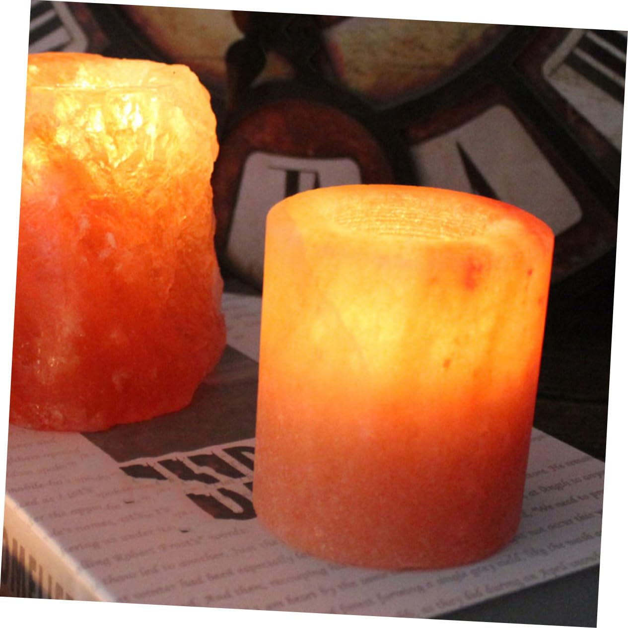 VOSAREA 2pcs Himalayan Salt Candle Holder Decorative Desktop Ornament for Living Room Unique Pattern Design for Dining Table Office Decor Cozy Home Accent