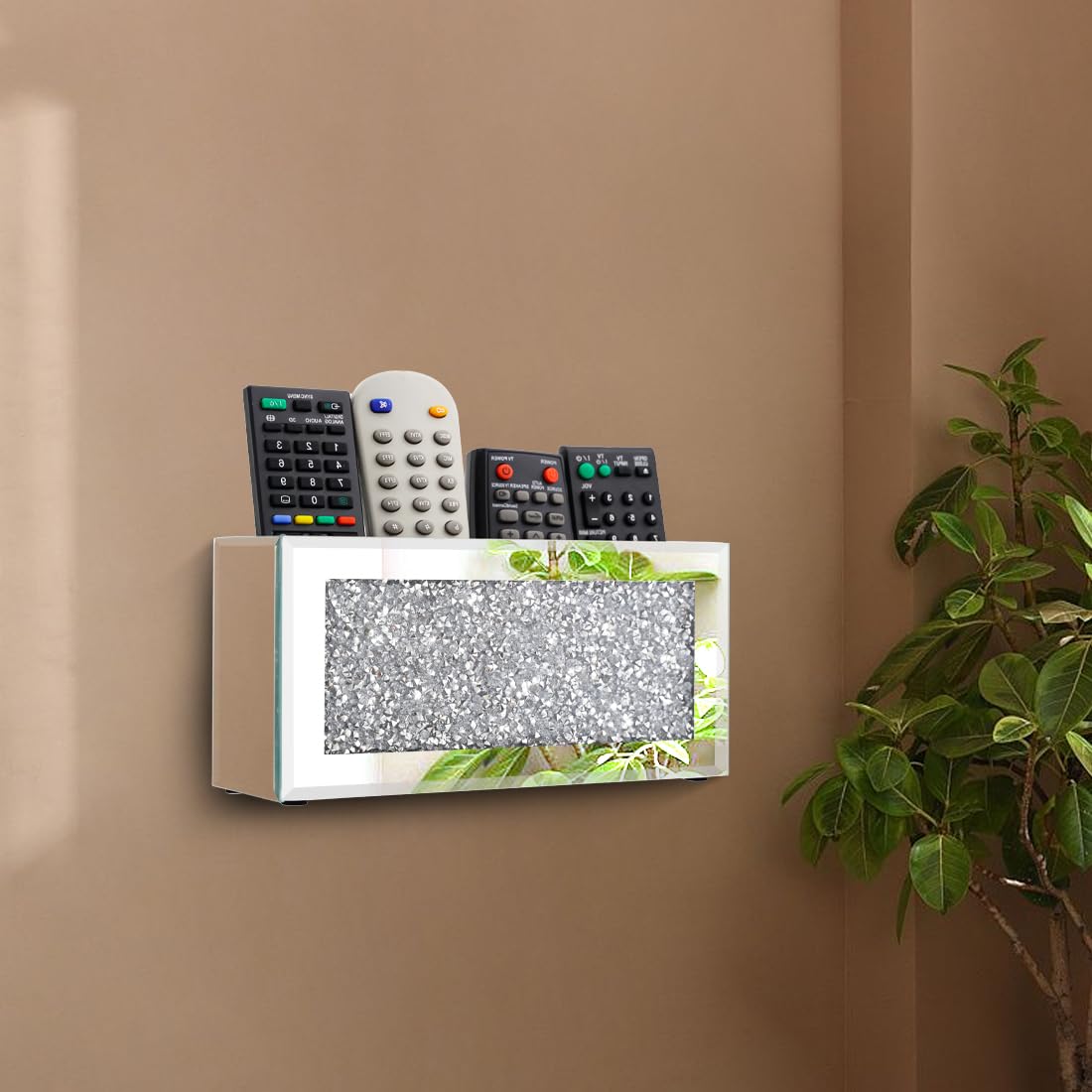 Pibeyer Mirrored Remote Control Holder Wall Mount, Silver Crush Diamond Remote Organizer Wall, Decoration Storage Box for Living Room, Bedroom, Home Decor