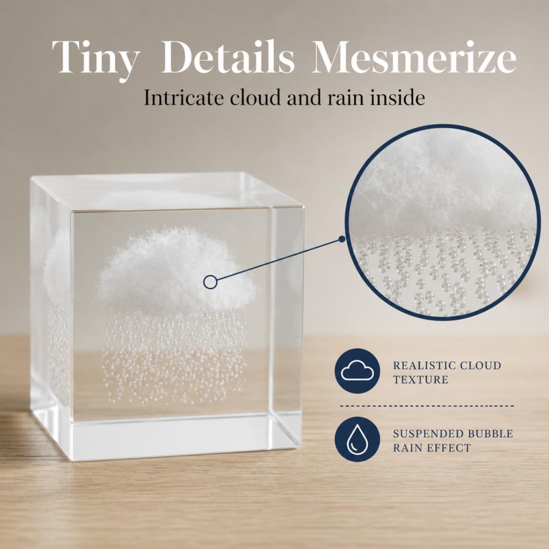 Crystal Cloud Rain Cube - 3D Laser Engraved Paper Weight - Aesthetic Cute Glass Sculpture for Desk Shelf Sitter Decor, Office - Small Gifts Accessories for Coworkers Stress Relief (Rain Cloud 3.2")