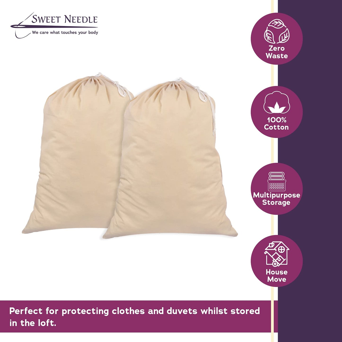 Sweet Needle Pack of 2 Heavy Duty Extra Large Laundry Storage Shopping Bags, 71x91 CM (28x36 IN) 75L - 100% Cotton, Highly durable, Draw-cord with cord-lock, Machine Wash and reusable Travel Bag