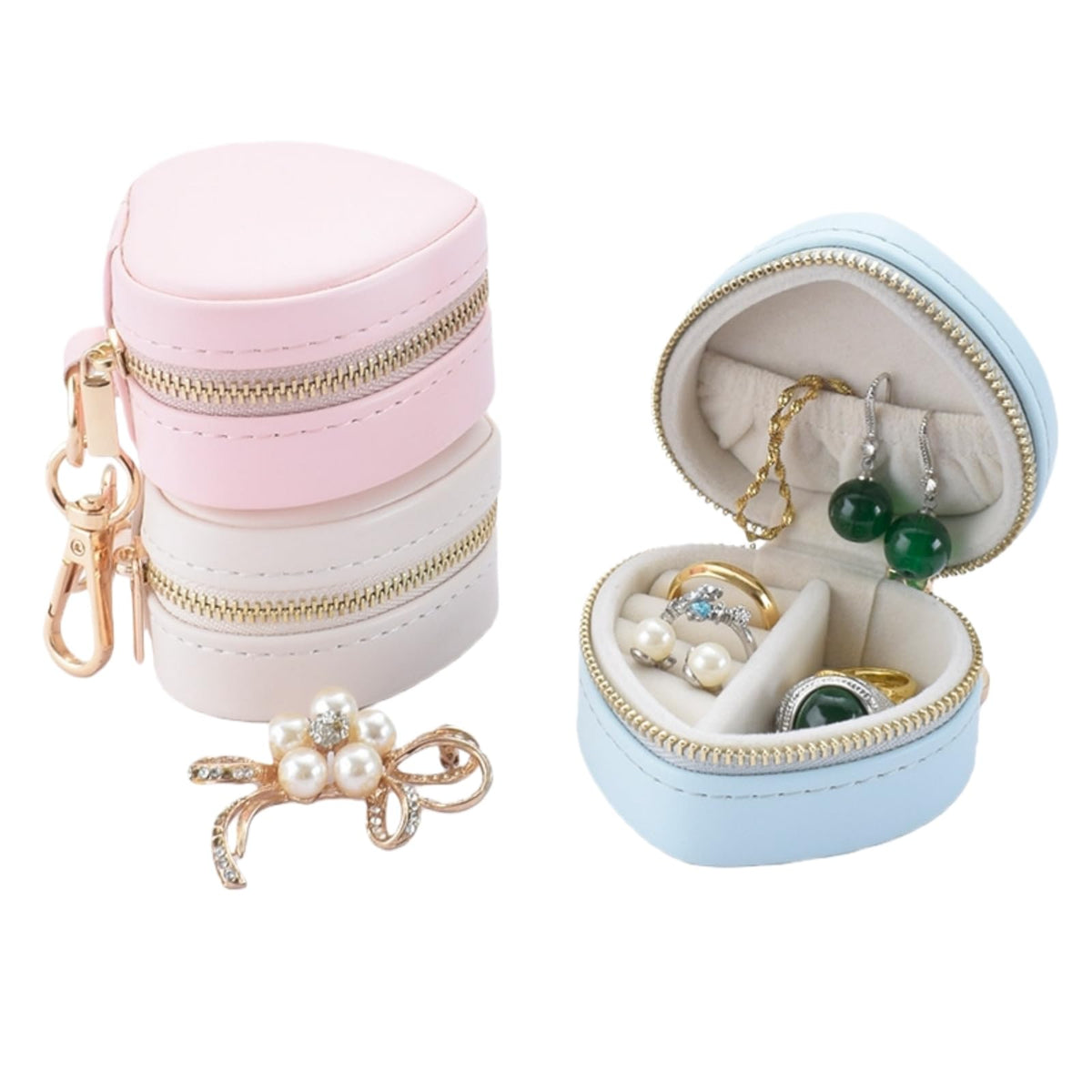 Easyoyo Heart Shaped Jewelry Travel Case, Portable Ring Holder & Organizer with Keychain, Premium Wedding Travel Gift Box for Women