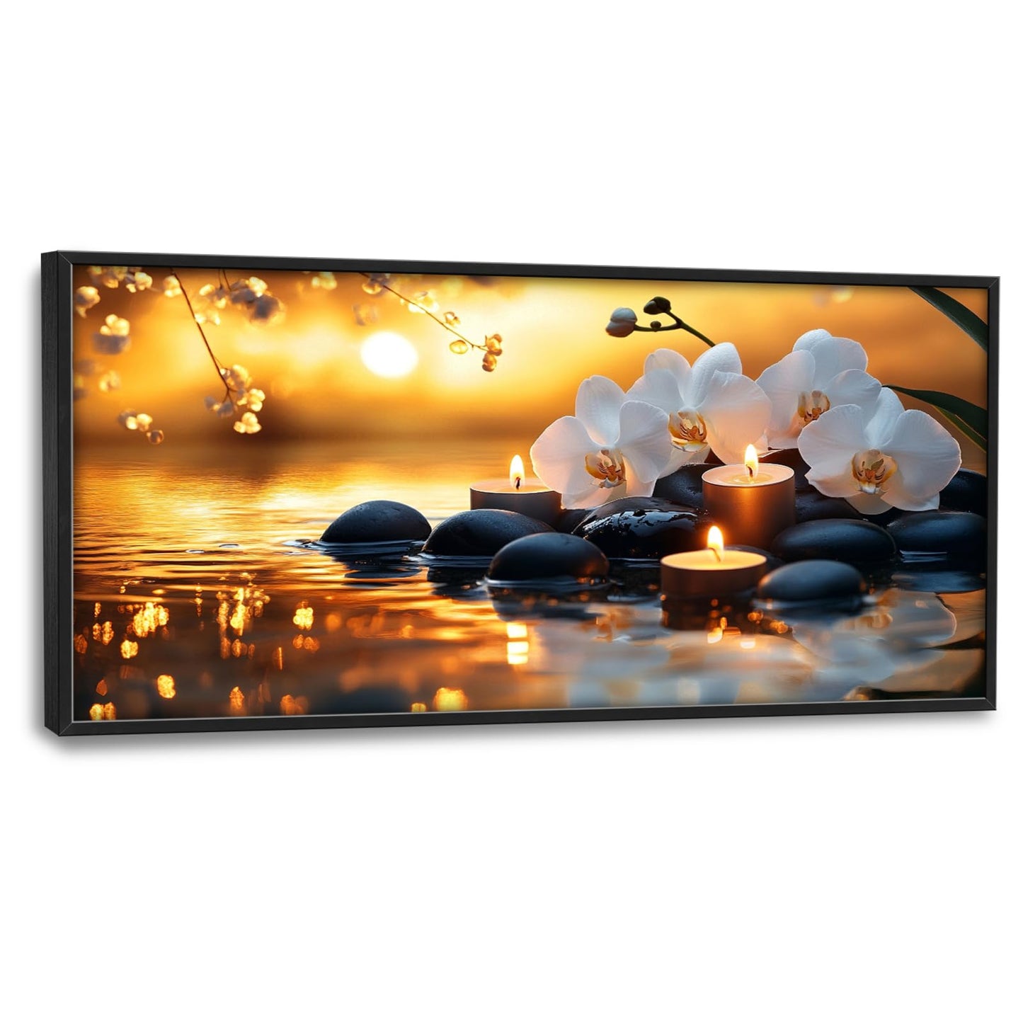 Mecowcm Zen Large Wall Art Candle Spa Stones Framed Wall Decor Orchid Meditation Spiritual Relaxing Canvas Pictures Painting for Yoga Living Room Bedroom Bathroom 30"x60"