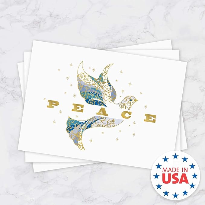 Masterpiece Elegant Dove Christmas Cards / 15 Religious Dove Holiday Cards Set With Gold Foil And White Envelopes / 5 5/8" x 7 7/8" Greeting Cards With Inside Verse