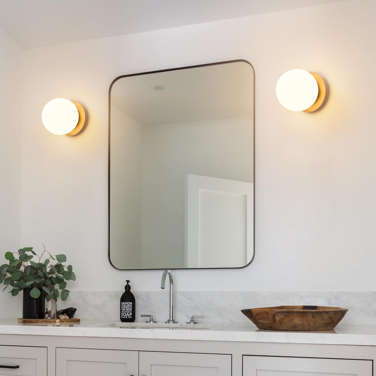 Modern Glass Globe Wall Sconce: Gold Spherical Sconces Light - Small Brass Vanity Single Ball Lights Fixture - Contemporary Milk Glass Wall Mounted Lamp for Bedroom Bathroom Hallway Bulb Not Included