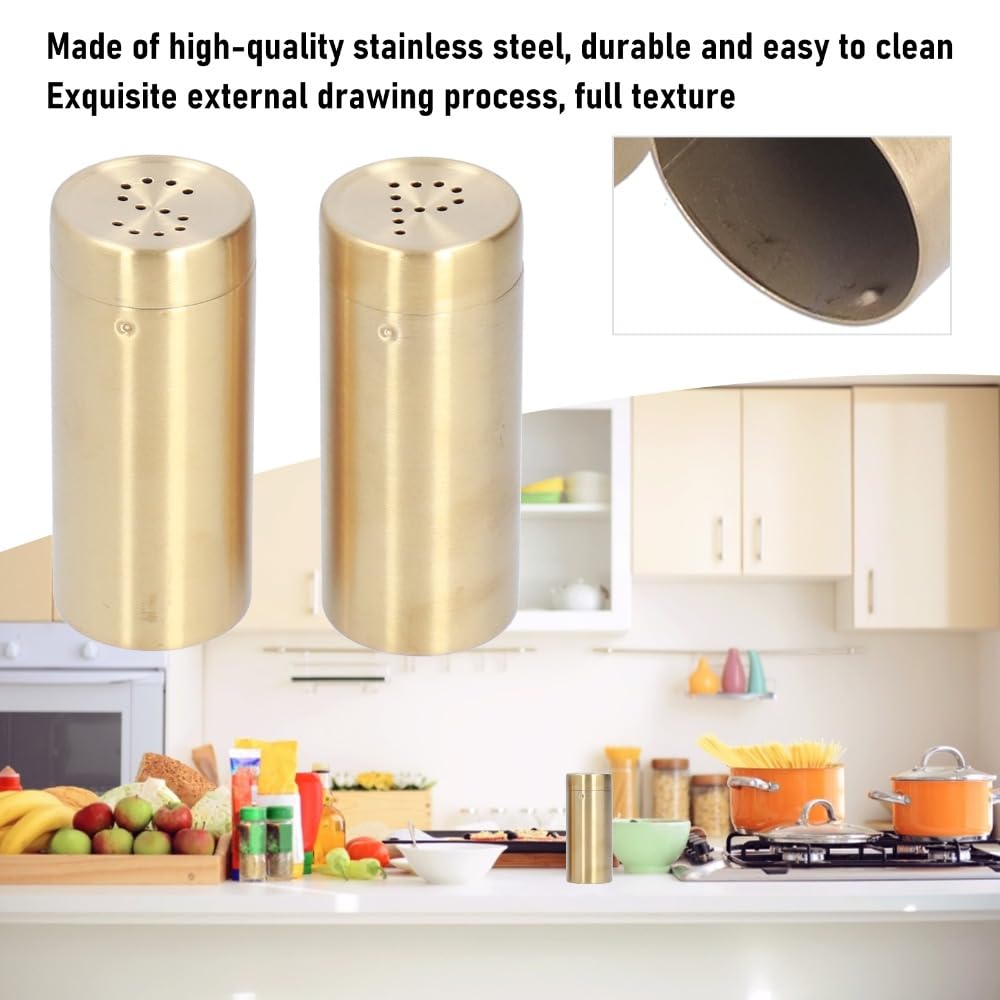 MOPFOL 2Pcs Stainless Steel Seasoning Jars - Golden Kitchen Salt and Sugar Shakers with Dispensing Control, Refillable Seasoning Bottles