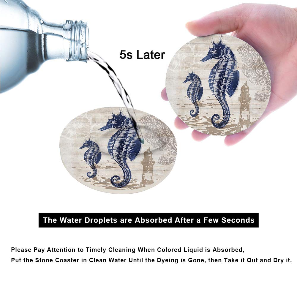 Absorbent Coasters Natural Ceramic Thirsty Stone Navy Blue Octopus Seahorse Crab Turtle Ocean Theme Coaster Set for Drinks Cork Backing (sea Animals)…
