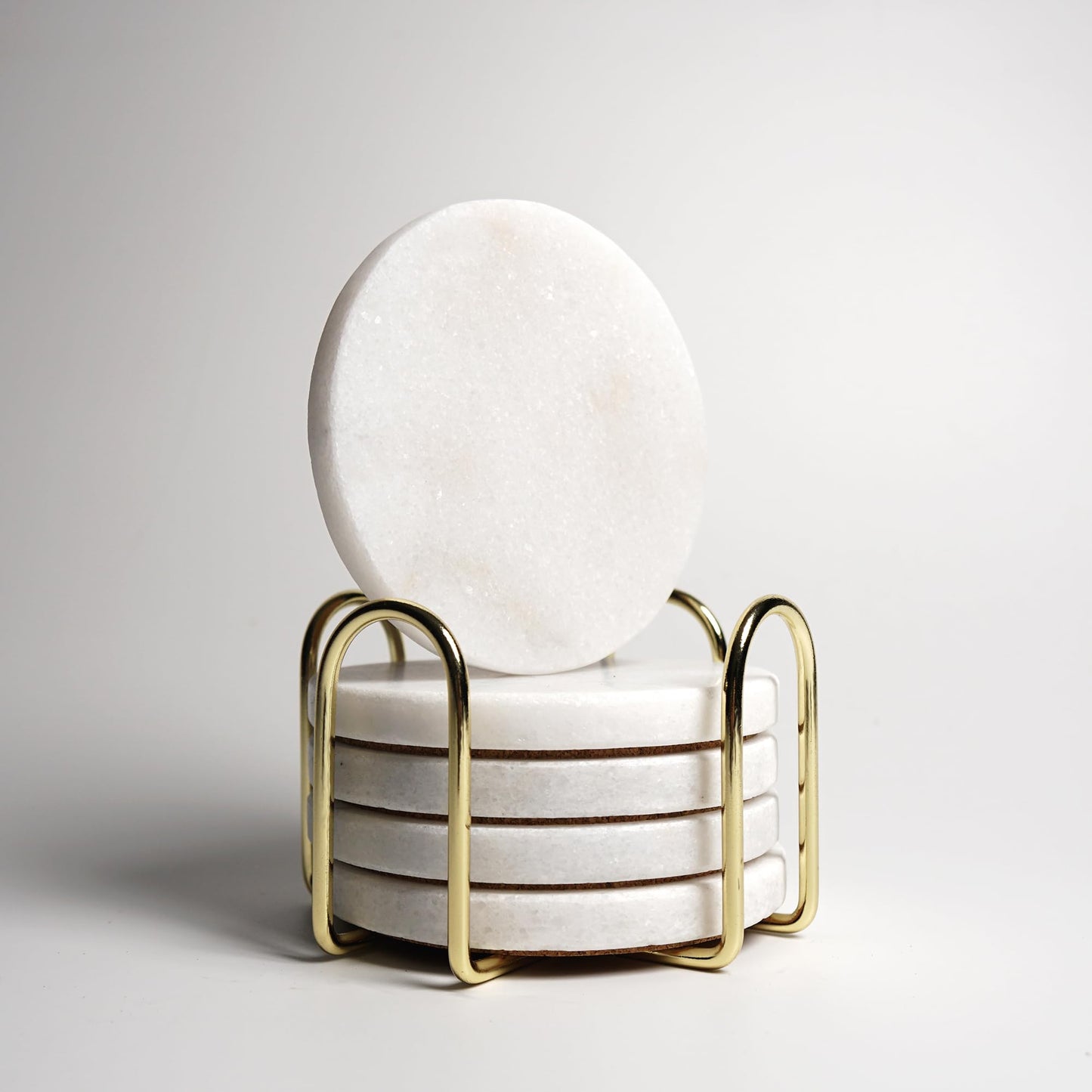 Lasungreen 4 Inches Modern Shining White Marble Coasters with Gold Metal Holder, Round Natural Stone Drink Coasters, Set of 5 Coasters Decorative for Home