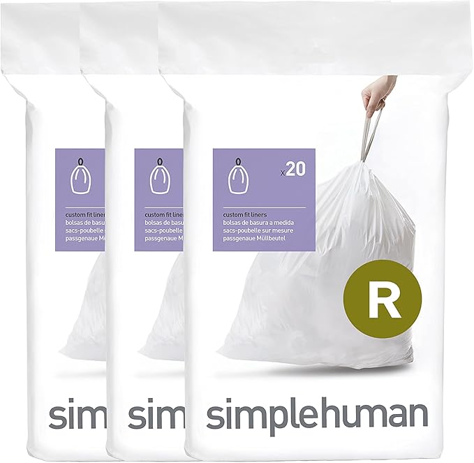 simplehuman Code R 60 Count, Dispenser Pack Custom Fit Liners, Drawstring Trash