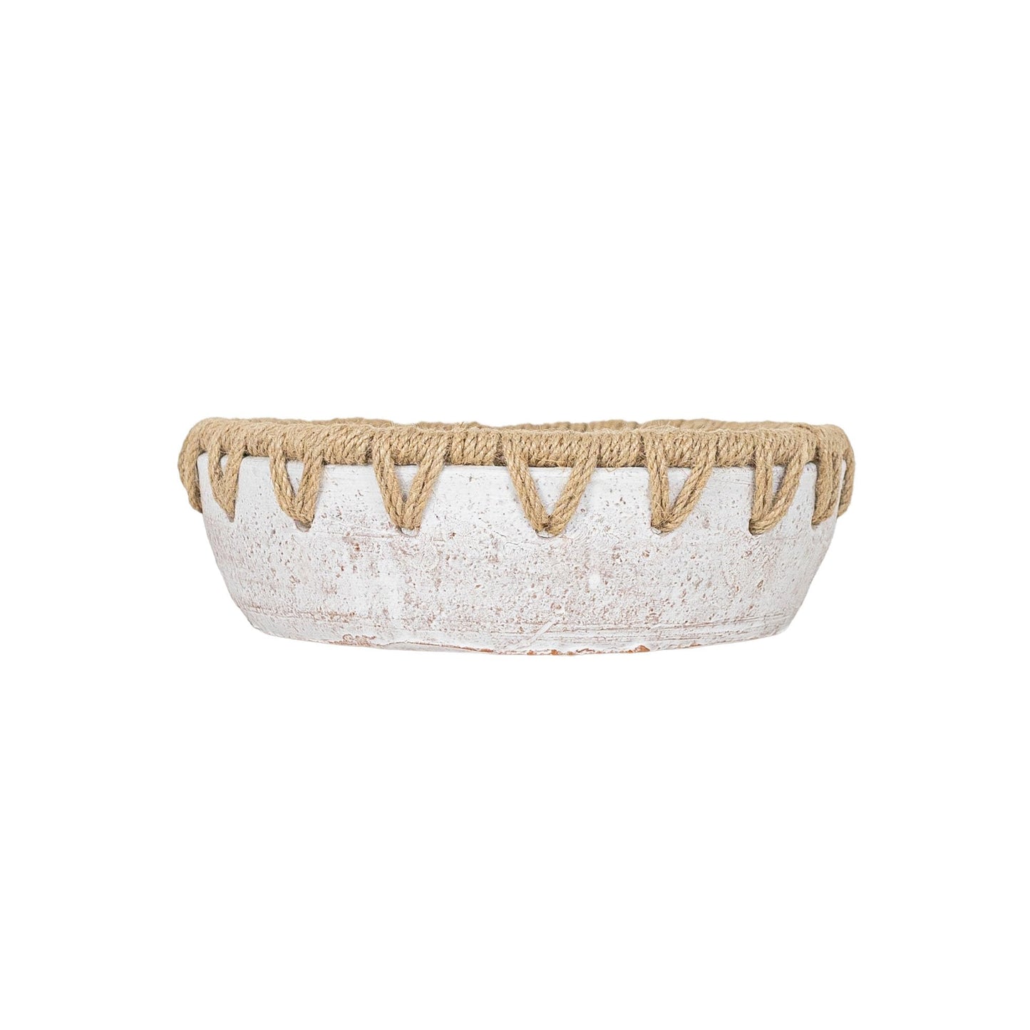 Foreside Home and Garden 3" x 9.25" Landon Decorative White Terracotta Greenery Planter Pot Bowl w/Woven Geometric Jute Rim Home Boho Rustic Style Natural Accent Piece Faux Artificial Plant Decor