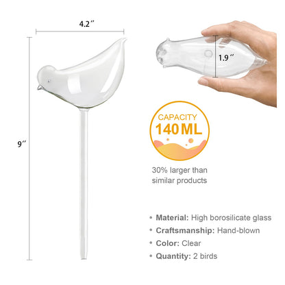 KiKiHome Plant Water Drippers, Glass Plant Waterer Bulbs,Self Watering Globes for Plants,Automatic Irrigation Device for Indoor & Outdoor Plants, 2 Birds
