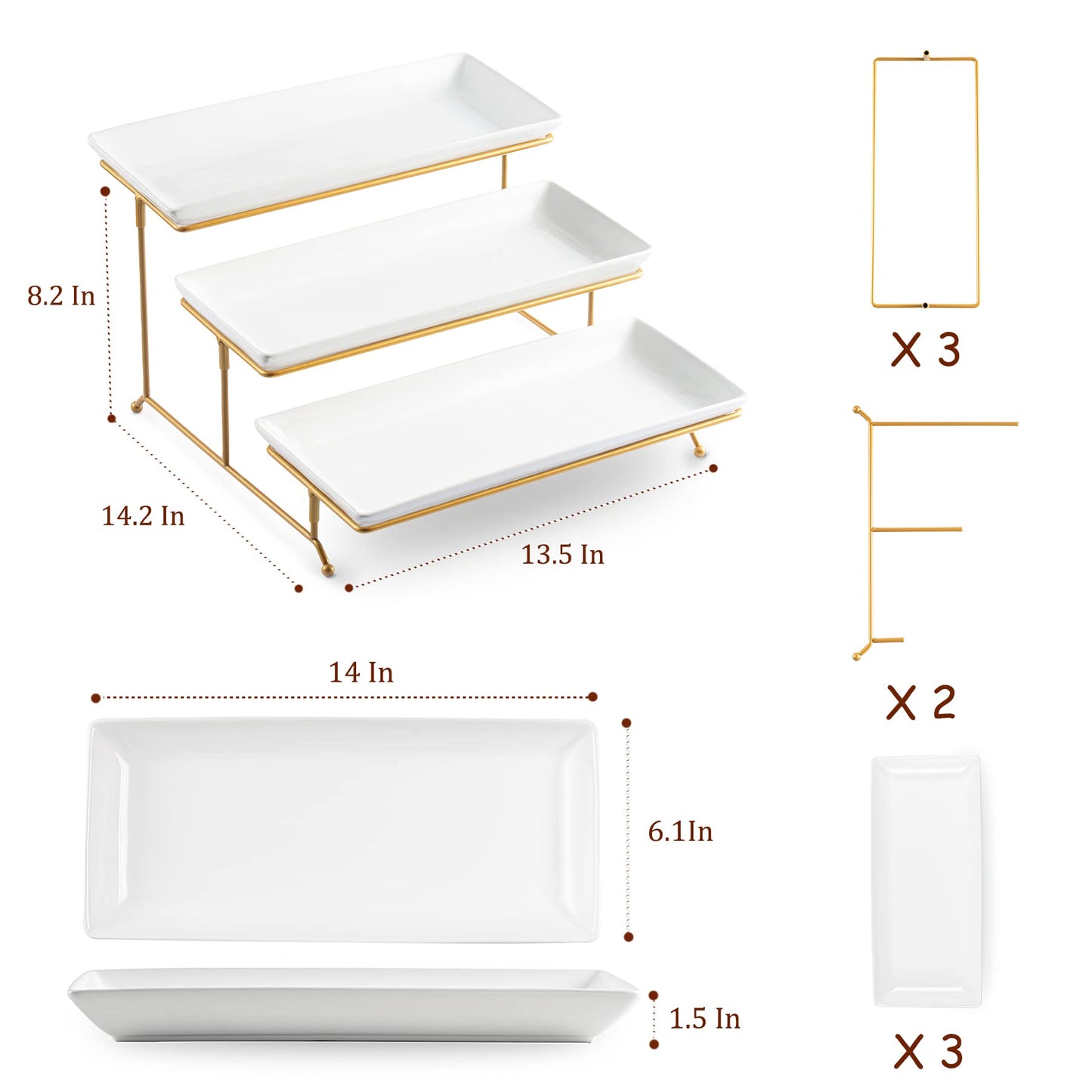 LYEOBOH 3 Tier Serving Stand and Platters Set Large Tiered Serving Platters with Collapsible Sturdier Rack 14 Inches Tiered Serving Tray for Appetizer Fruit, Dessert and Cupcake, White