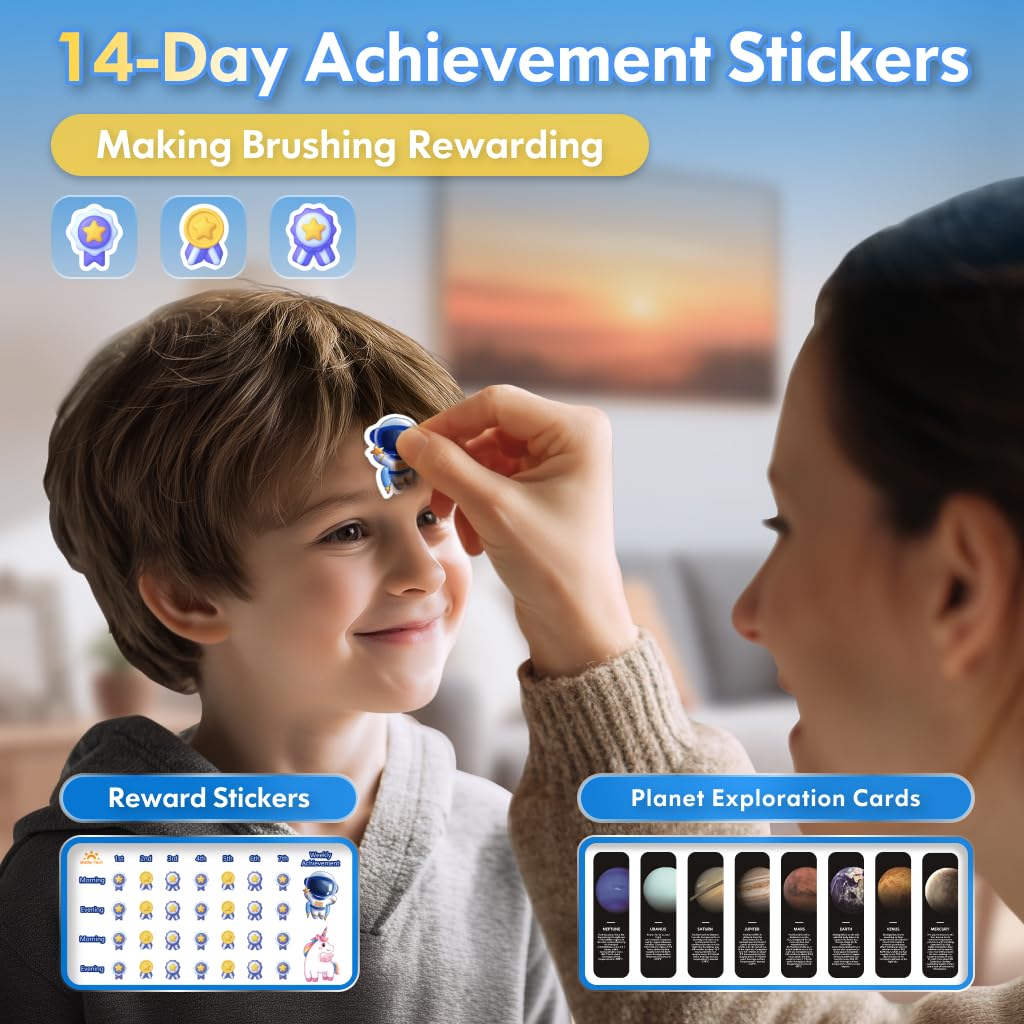 Kids Electric Toothbrush 3-5-6-12 Rechargeable Childrens Electric Toothbrush with Timer 3 Modes Habit-Forming Stickers 31000VPM Power for Boys Junior Kids Sonic Toothbrush (Astronaut Black)