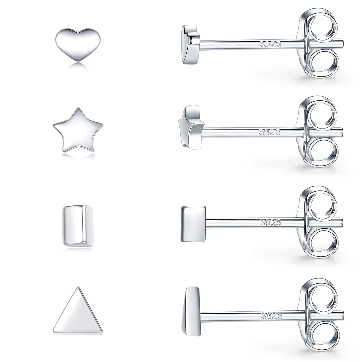 Sterling Silver Stud Earrings for Women Men- 4 Pairs of Hypoallergenic Simple Geometric Small Stud Earring Set Tiny Triangle Square Heart Star Stud Earrings Mini Cartilage Tragus Earrings, Silver